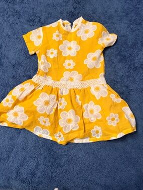 Girls Yellow Floral Lace-Waist Casual Handmade Zipper Dress American Vintage 8 M